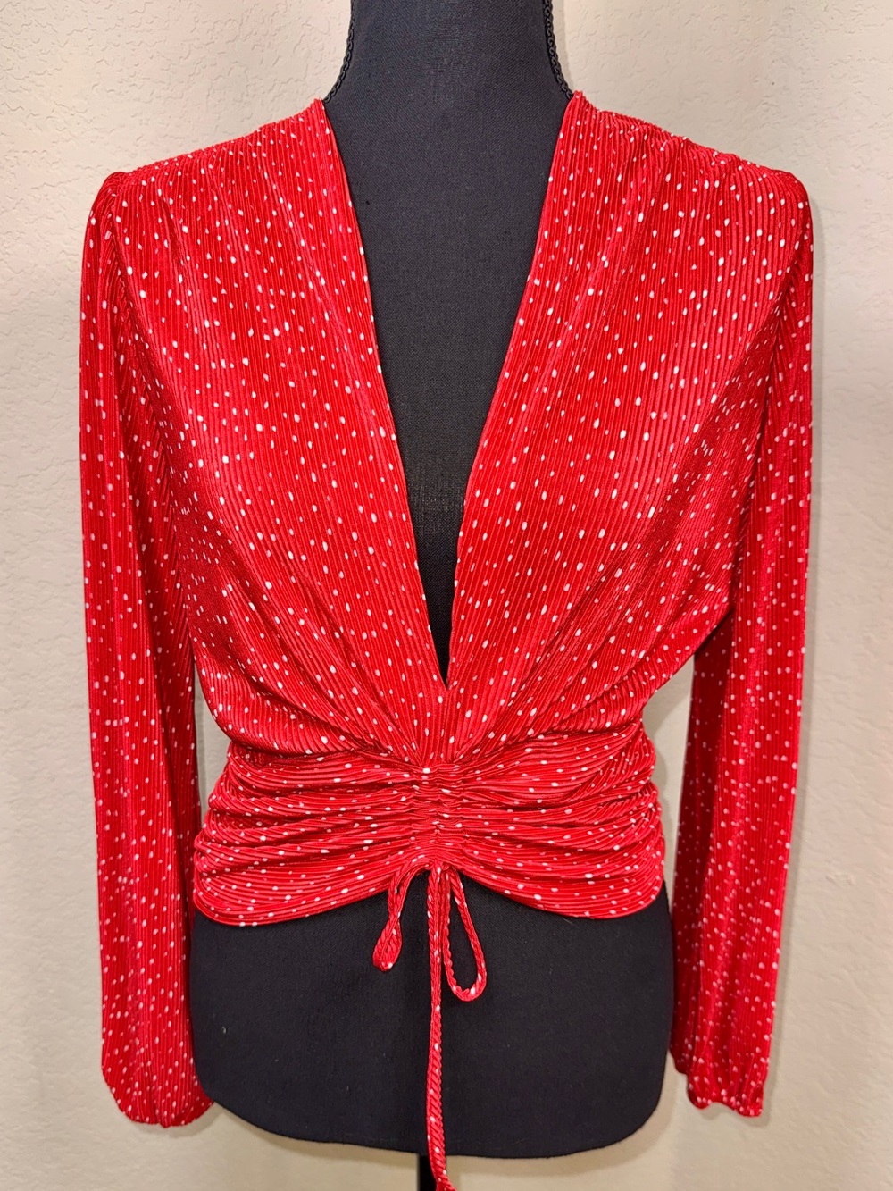 Maje Red Polka Dot Ruched Plissé Top Size 3 =US L